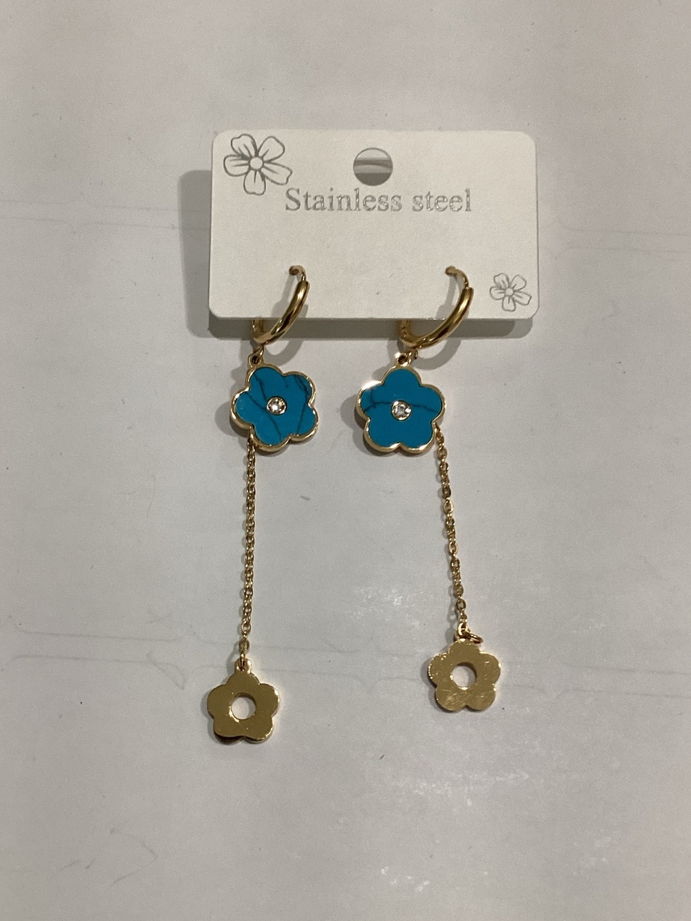 Gold Stainless Steel Dangle Earrings with Turquoise Flower Charms